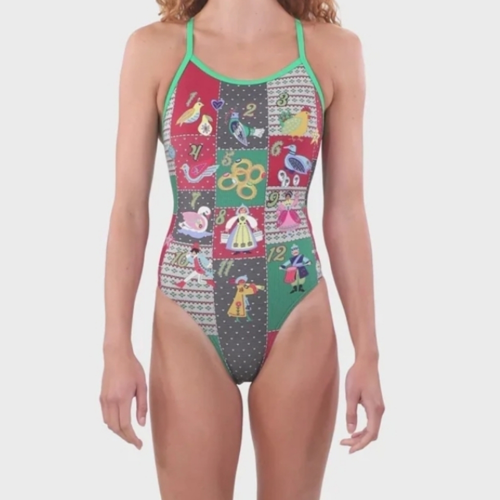 Sporti Granny Sweater 12 Days of Christmas Thin Strap One Piece Swims 36